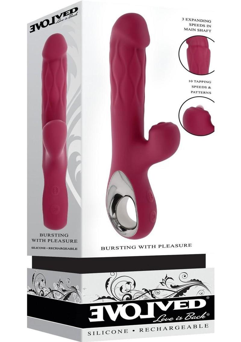 Bursting with Pleasure Rechargeable Silicone Inflatable Dual Rabbit Vibrator - Red