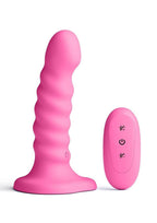 Colours Ribbed Rechargeable Silicone Vibrating Dildo with Remote Control - Pink - 5in