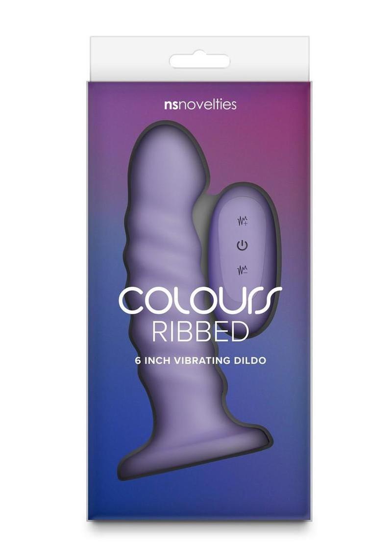 Colours Ribbed Rechargeable Silicone Vibrating Dildo with Remote Control - Purple - 6in