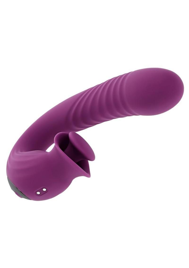 Deep Ecstasy Rechargeable Silicone Ribbed Thrusting Rabbit Vibrator with Clitoral Stimulator - Purple