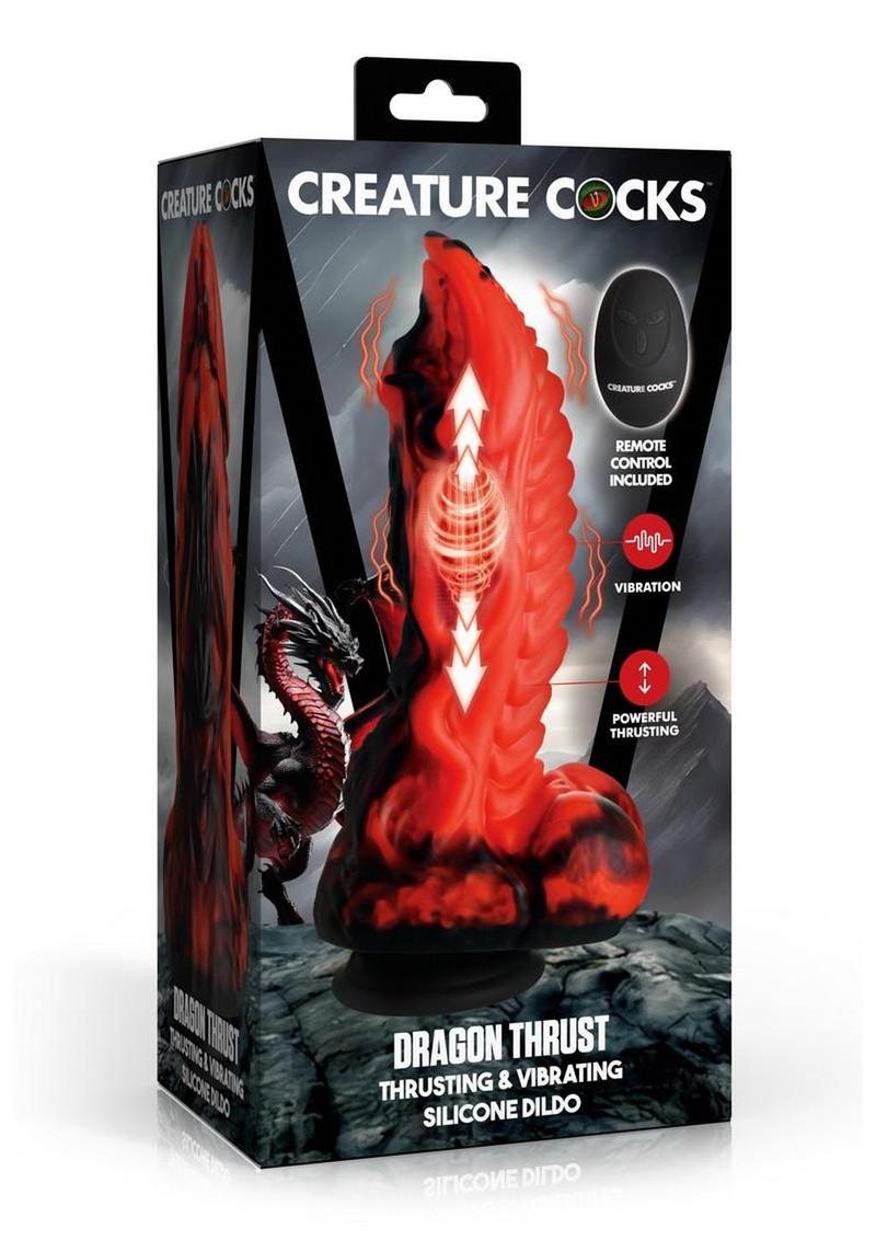 Dragon Thrust Rechargeable Silicone Thrusting and Vibrating Dildo - Black/Red