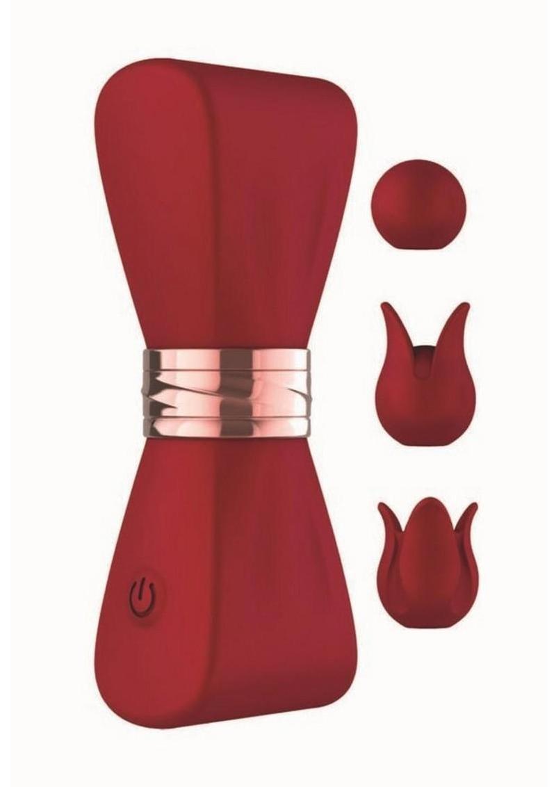 Gold Glam Tri-Tip Rechargeable Silicone Vibrator with 3 Tips - Red