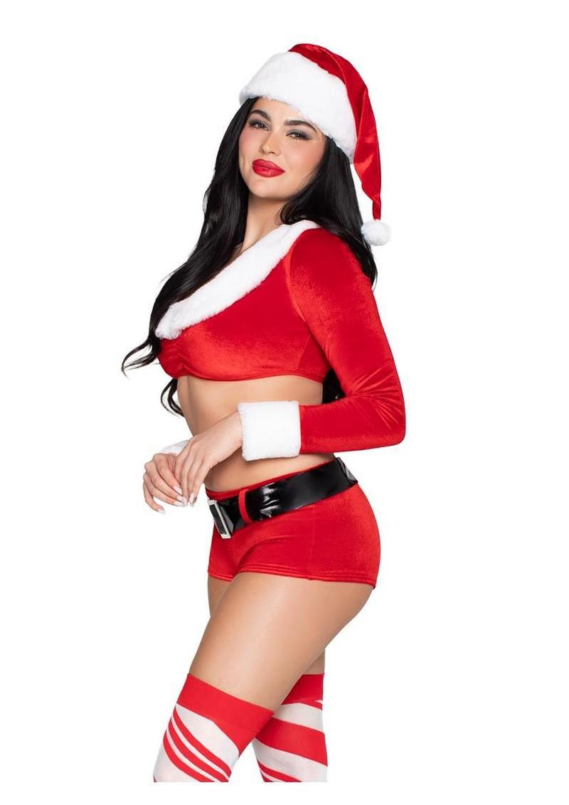 Leg Avenue Christmas Cutie Costume, Velvet Crop Top with Faux Fur Trim, Shorts, Belt and Santa Hat