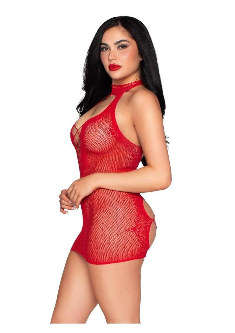 Leg Avenue Dotted Net and Lace Halter Mini Dress with Faux Lace-Up Open Back