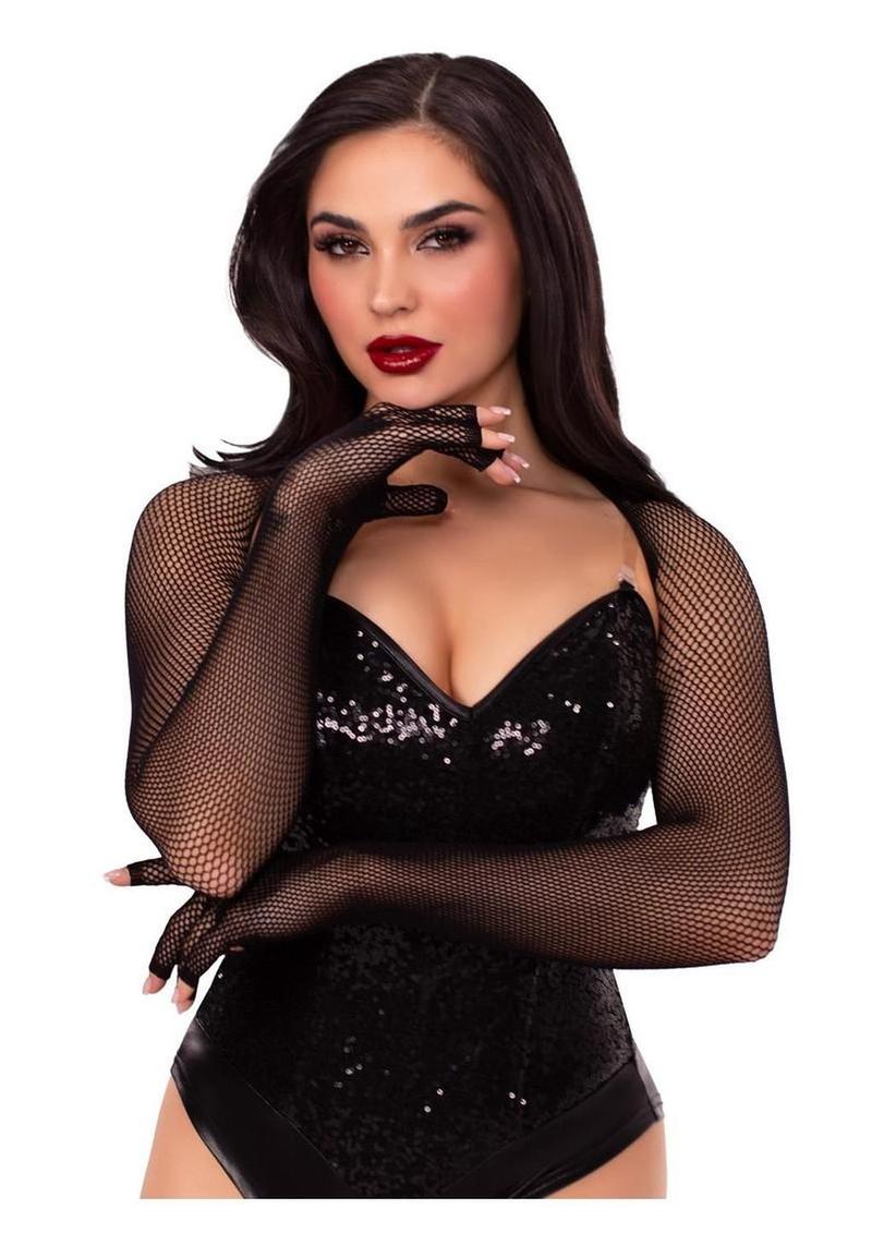 Leg Avenue Fishnet Fingerless Gloved Shrug - Black - One Size