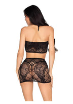Leg Avenue Lace Bra Top and Mini Skirt with Rosette Accents - Black - One Size - 2 Piece