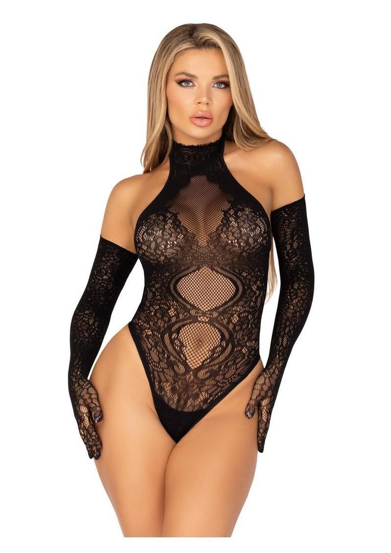 Leg Avenue Lace Halter Teddy and Matching Long Lace Gloves - Black - One Size - 2 Piece