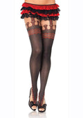 Leg Avenue Marquee Print Spandex Sheer Pantyhose with Faux Garterbelt Detail - Black/Red - One Size