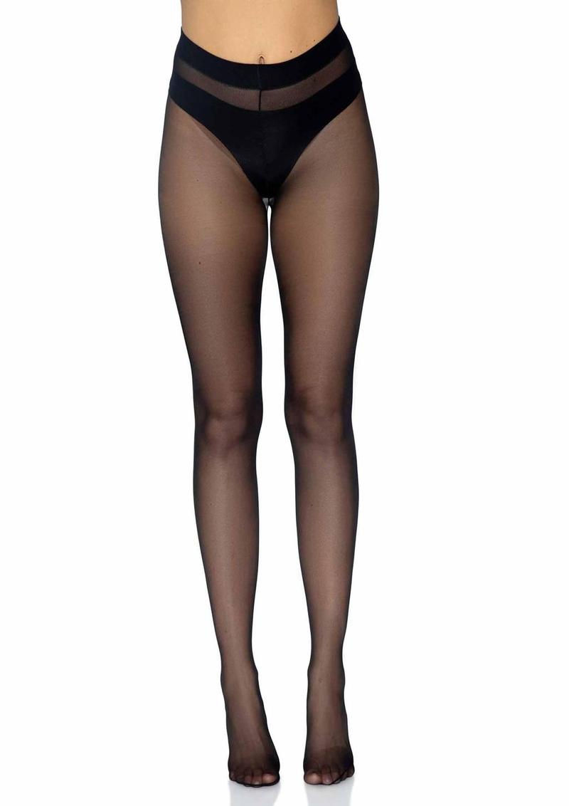 Leg Avenue Opaque Sheer to Waist Tights with Cotton Crotch - Black - One Size