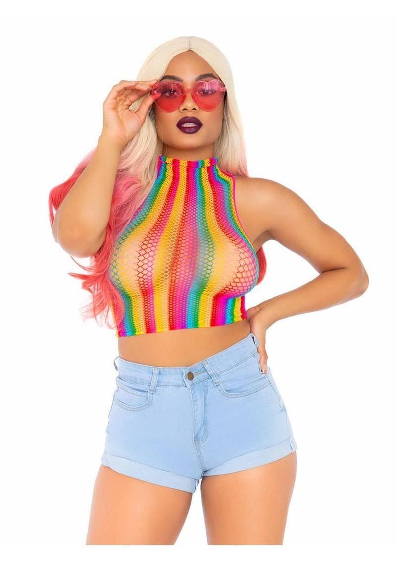 Leg Avenue Rainbow Net High Neck Crop Top - One Size