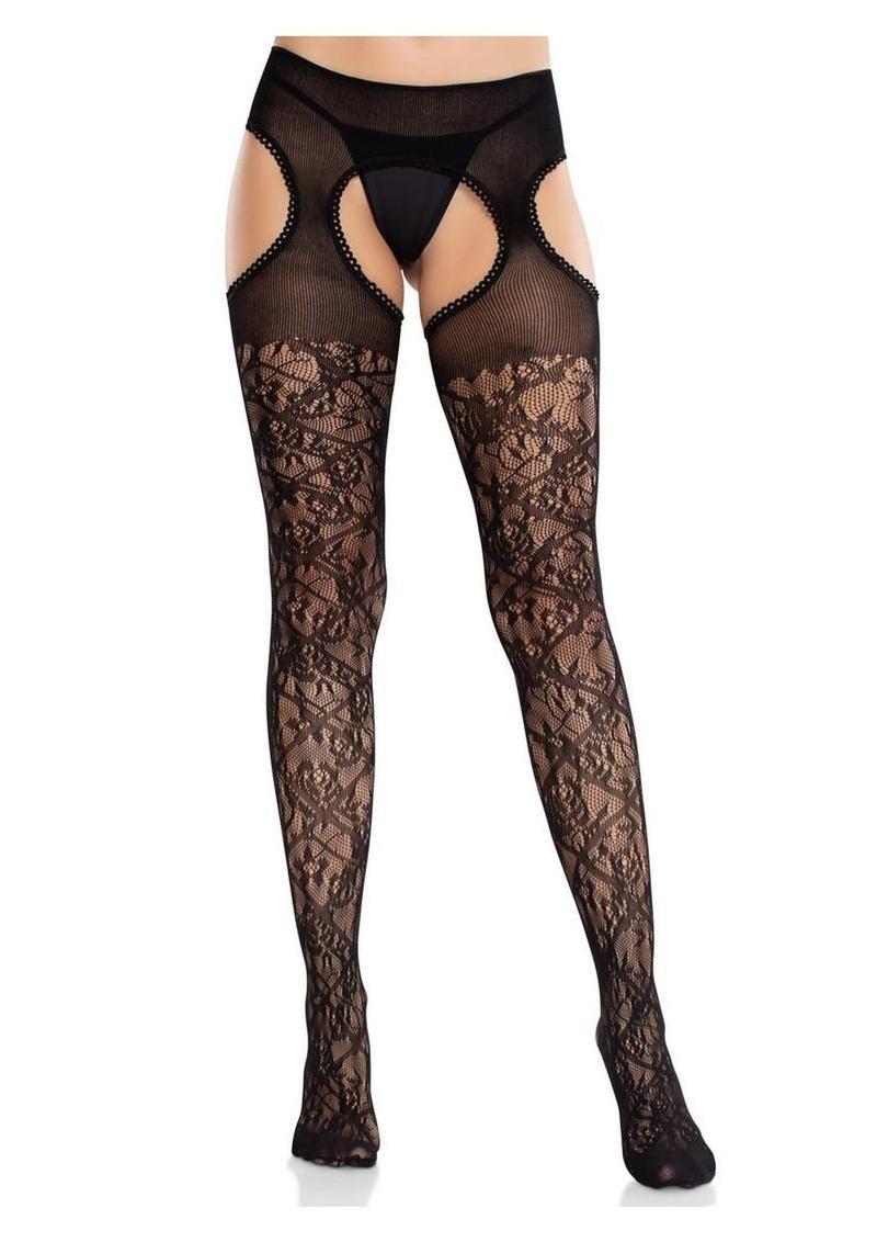 Leg Avenue Scalloped Trimmed Cross Hatch Floral Lace Suspender Hose