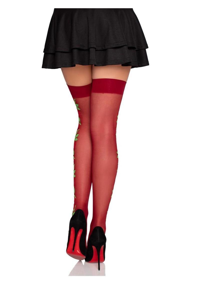 Leg Avenue Spandex Sheer Thigh Highs with Embroidered Rose Side Detail - Red - One Size