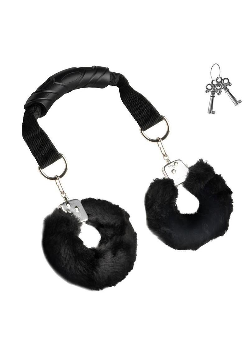 Master Series The Handler Furry Handcuffs with Handle - Black/Silver