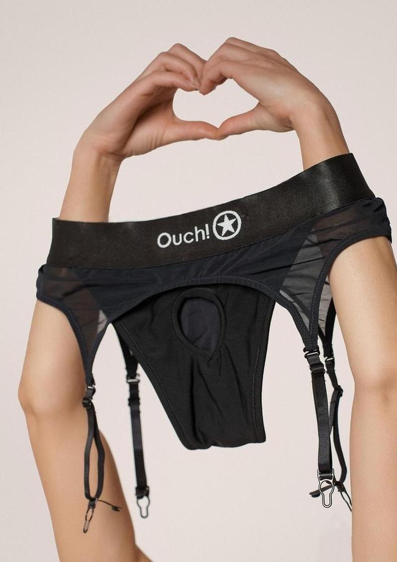 Ouch! Vibrating Harness Thong with Adjustable Garters Rechargeable