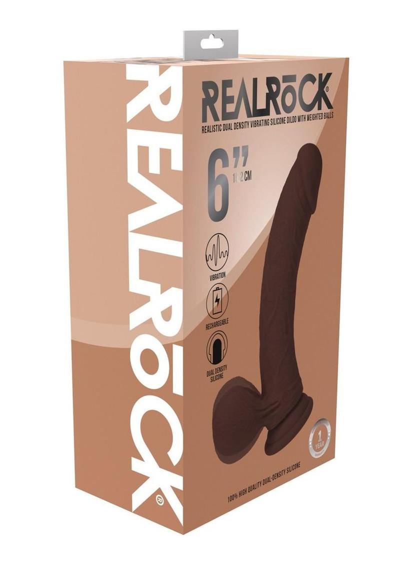 Realrock Rechargeable Silicone Dual Layered Vibrating Curved Dildo with Weighted Balls - Chocolate - 6in