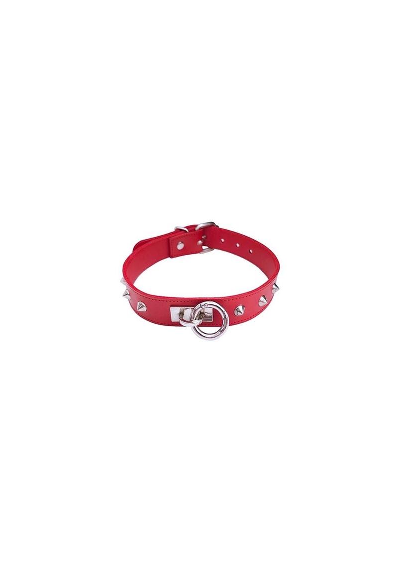 Rouge O Ring Studded Adjustable Leather Collar - Red