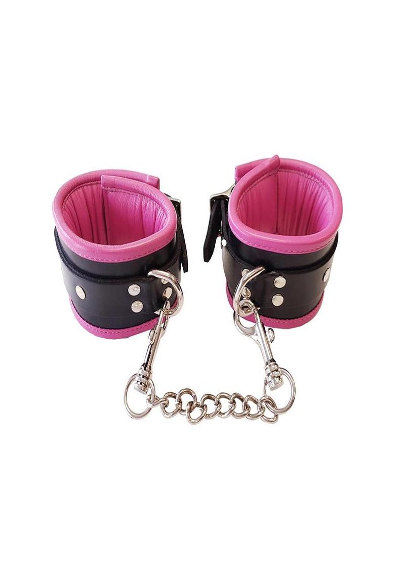 Rouge Padded Leather Adjustable Ankle Cuffs - Black/Pink