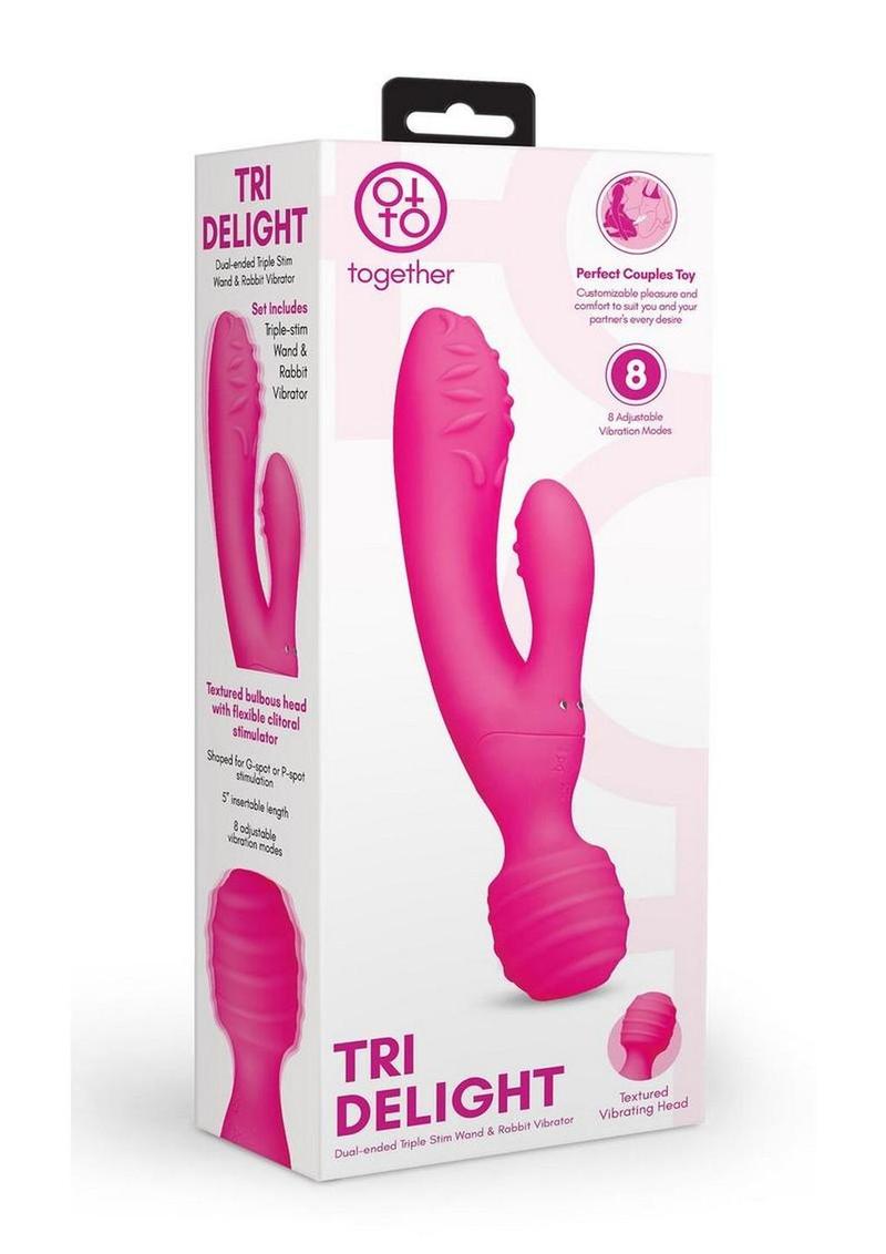 Together Tri Delight Dual-Ended Rechargeable Silicone Triple Stim Wand and Rabbit Vibrator - Pink
