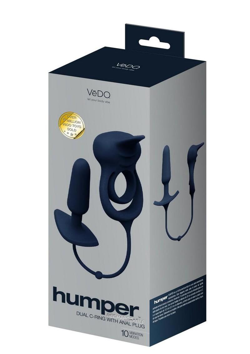 Vedo Humper Rechargeable Silicone Dual C-Ring with Anal Plug - Black - 5in